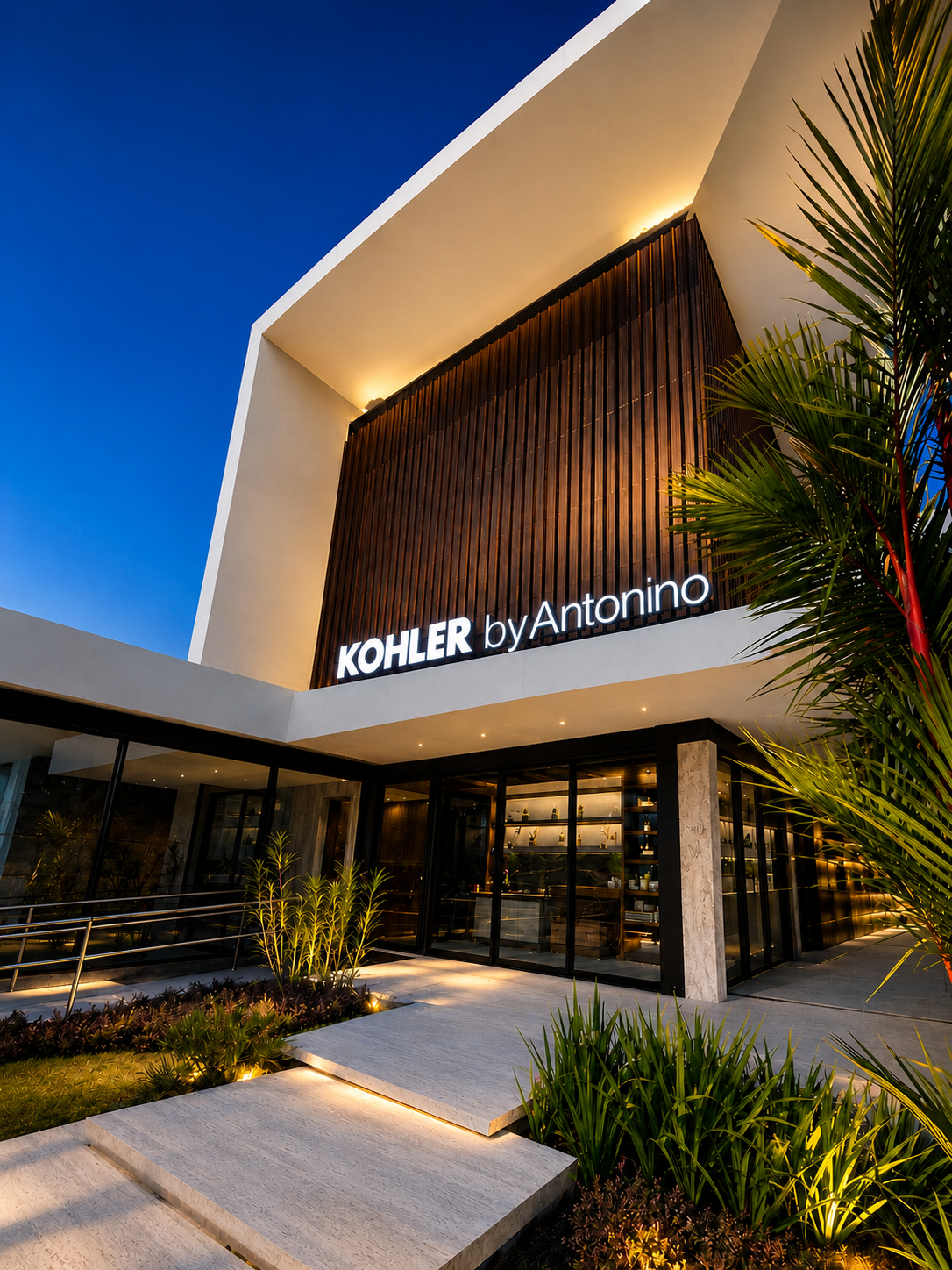 Fachada iluminada do Studio Kohler Recife com o letreiro Kohler by Antonino
